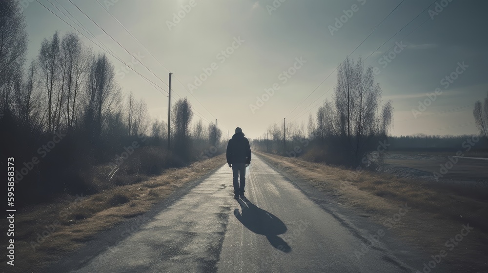 Person on the Winding Road to Success Amidst Blurred Nature Background. Generative ai