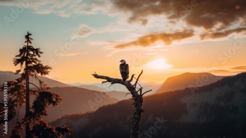 A bald eagle perched on a tree branch at sunset. AI generative image.