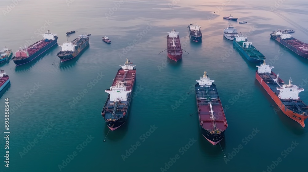 Aerial view of oil and gas tanker ships. Generative Ai