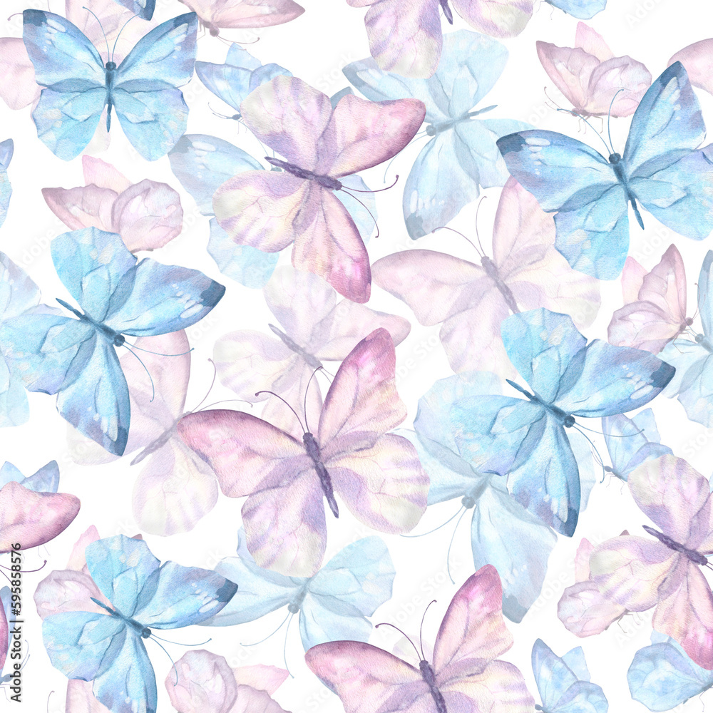 Fototapeta premium Cute butterflies hand drawn watercolor seamless pattern. Delicate blue and purple color butterflies, watercolor illustration on white background. Beautiful pastel creatures wallpaper design