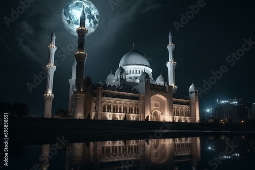 Stunning mosque at night adorned with moonlight and Ramadan Kareem background. Generative AI