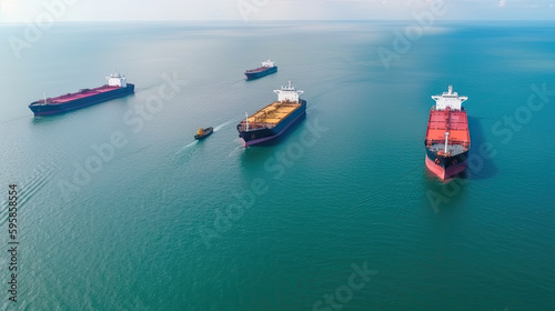 Aerial view of oil and gas tanker ships. Generative Ai