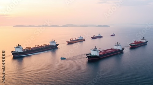Aerial view oil and gas tanker ships. Generative AI