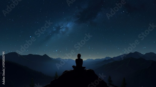 Silhouette of young female sitting practices yoga and meditating in lotus position alone on top of the mountain with night sky, star, Milky Way and meteor. She felt calm and happy. Generative ai