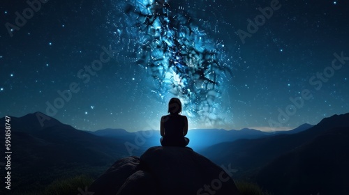 Silhouette of young female sitting practices yoga and meditating in lotus position alone on top of the mountain with night sky, star, Milky Way and meteor. She felt calm and happy. Generative ai © cac_tus