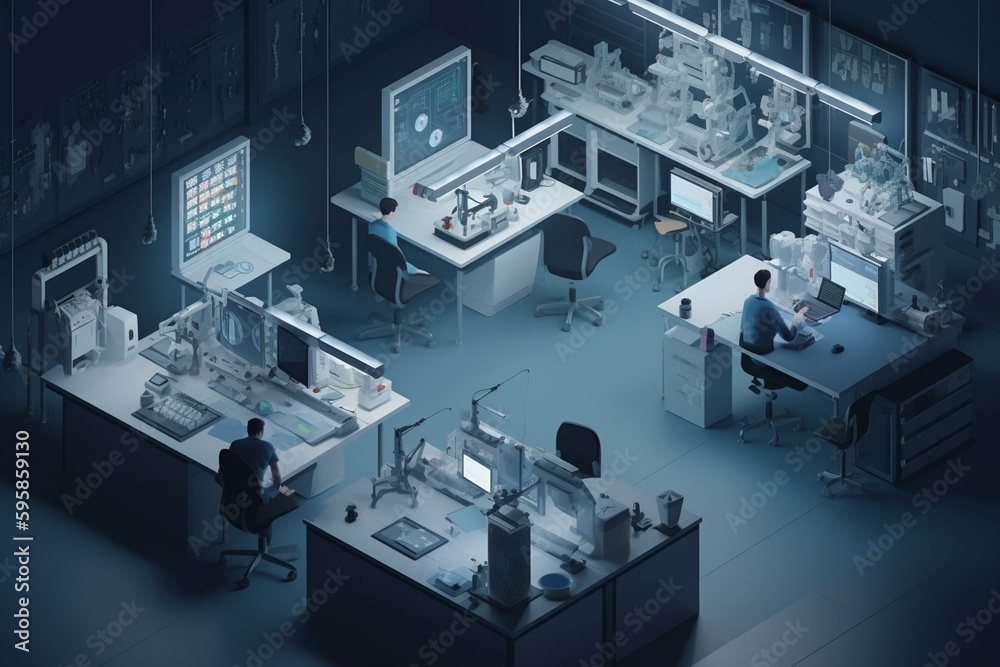 Isometric view of a high-tech lab workspace with researcher. Generative AI