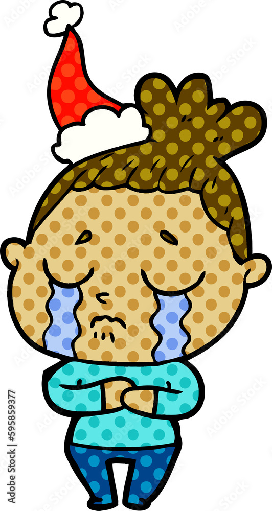 hand drawn comic book style illustration of a crying woman wearing santa hat hand drawn comic book style illustration of a crying woman wearing santa hat