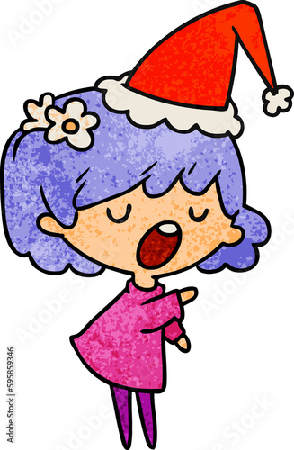 hand drawn christmas textured cartoon of kawaii girl