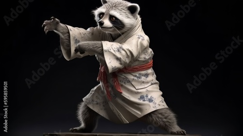 Raccoon in white kimono doing karate. Generative ai