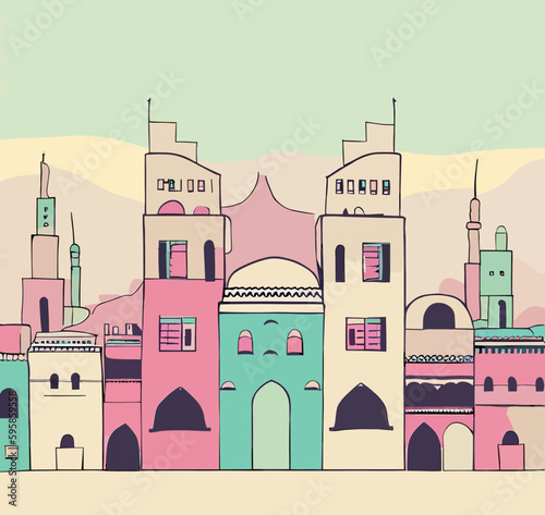 retro art, arabic city, vector art, pastel colors.