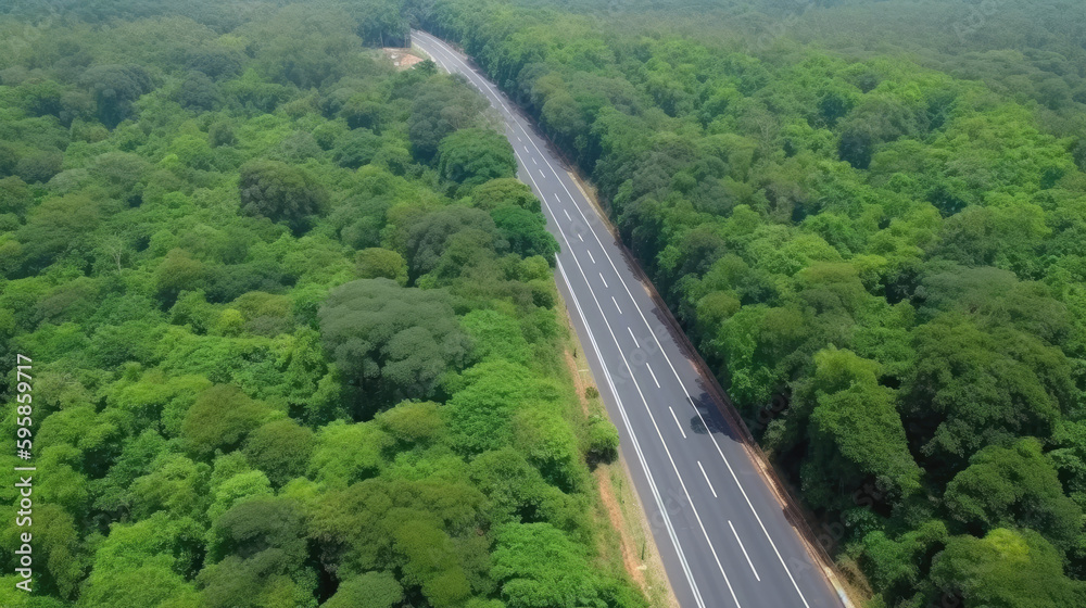 Aerial view countryside highway asphalt road with forest. Generative AI