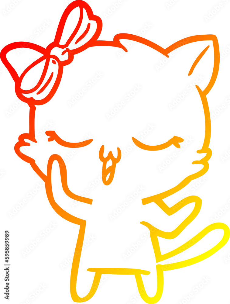 warm gradient line drawing of a cartoon cat with bow on head warm gradient line drawing of a cartoon cat with bow on head