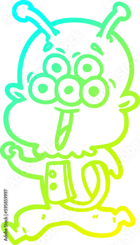 cold gradient line drawing of a happy cartoon alien running