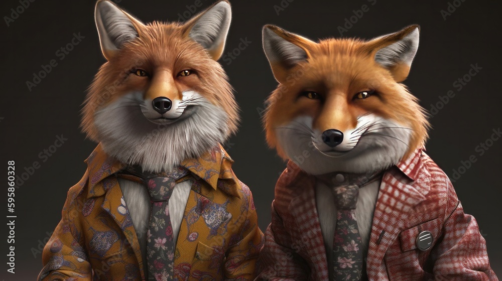 Fototapeta premium Studio portrait of fat foxes in the clothes. Generative ai