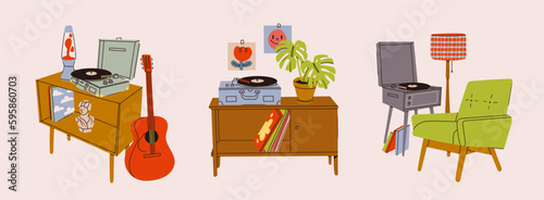 Vinyl record player, records, lava lamp, guitar, furniture. Hand drawn Vector isolated illustrations. Home decor, retro style apartment, music, audio device, interior composition, coziness concept