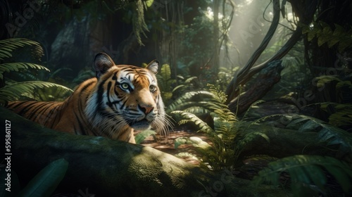 Tiger in the jungle, Generative AI Digital Illustration