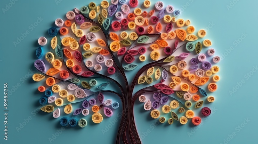 Tree paper quilling on colored background. Generative ai