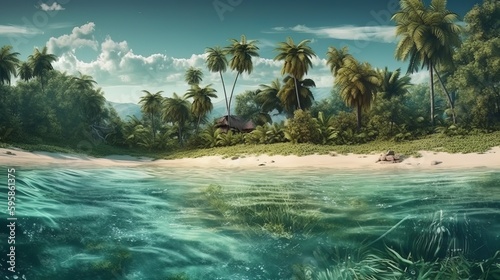 A tropical island with palm trees and a beach with a sunset in the background  generative AI