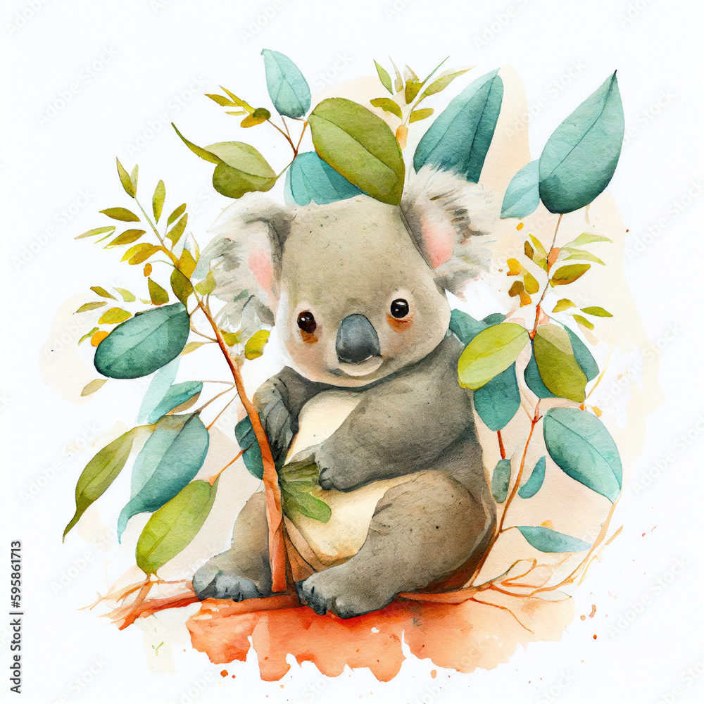 Watercolor cute koala with eucalyptus leaves, isolated on white ...