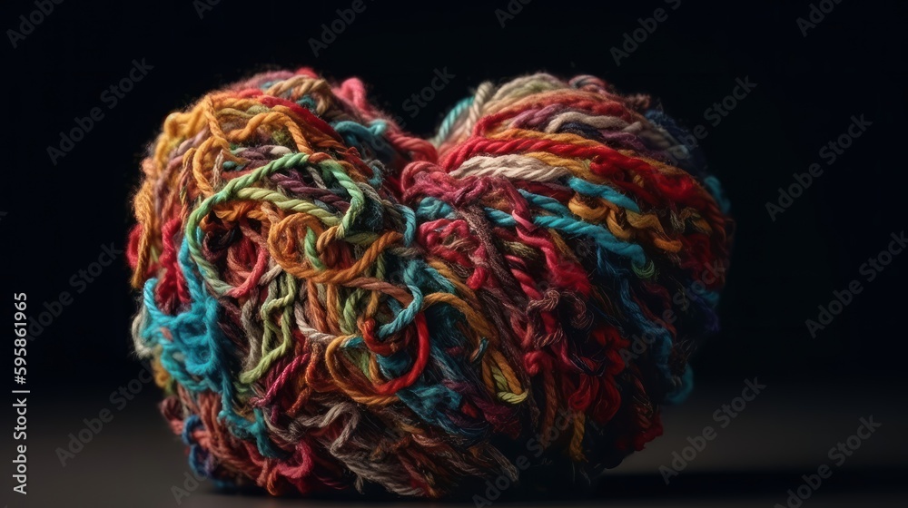 Warm woolen heart, symbol of love, made of colored wool yarn threads. Generative ai Warm woolen heart, symbol of love, made of colored wool yarn threads. Generative ai