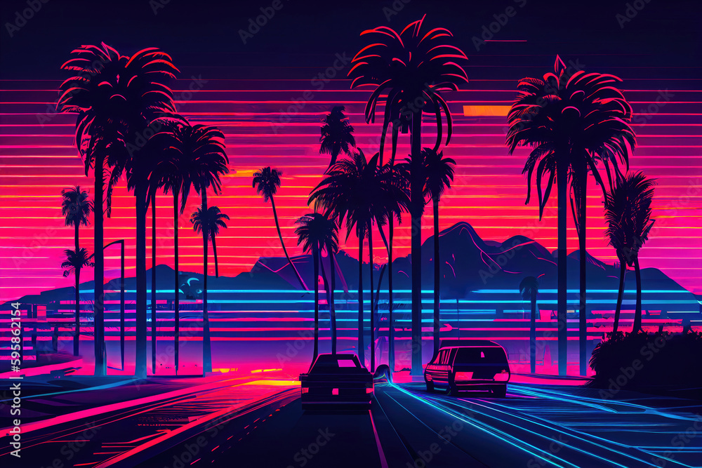 Night city street with palm trees and car on the road, neon, ai generation