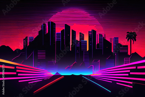 Retro night city street with palm trees and neon lights  ai generation