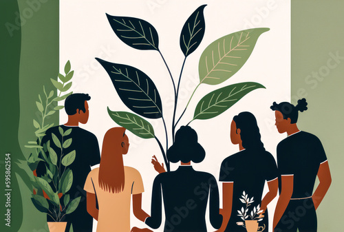 Group working around a table in a green and eco-friendly work environment. Image representing teamwork and sustainability. Generative AI