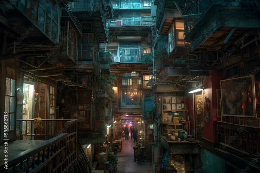 Futuristic megacities: A dystropic cyberpunk city in sureal Hong Kong architecture, Generative AI