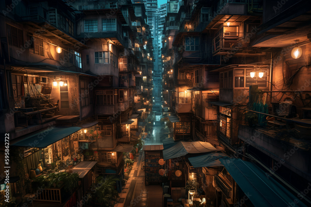 Futuristic megacities: A dystropic cyberpunk city in sureal Hong Kong architecture, Generative AI