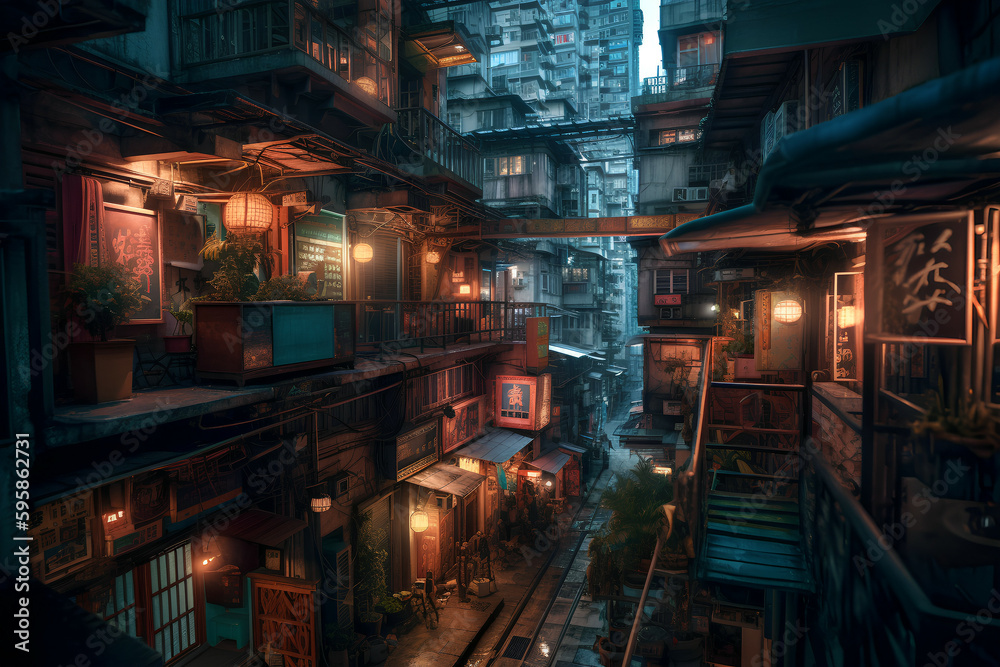 Futuristic megacities: A dystropic cyberpunk city in sureal Hong Kong architecture, Generative AI