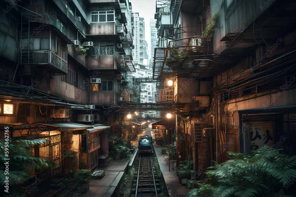Futuristic megacities: A dystropic cyberpunk city in sureal Hong Kong architecture, Generative AI