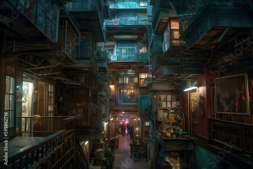 Futuristic megacities: A dystropic cyberpunk city in sureal Hong Kong architecture, Generative AI © spreephoto