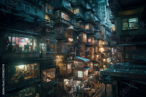 Futuristic megacities  A dystropic cyberpunk city in sureal Hong Kong architecture  Generative AI