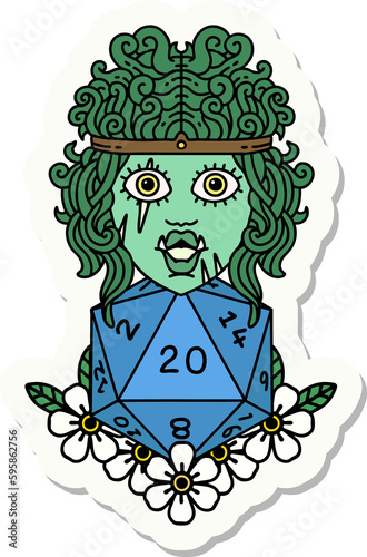 sticker of a orc barbarian with natural twenty dice roll