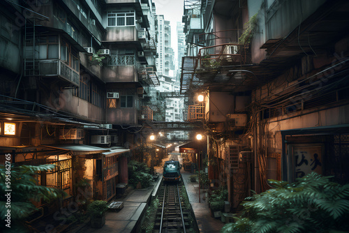 Futuristic megacities: A dystropic cyberpunk city in sureal Hong Kong architecture, Generative AI