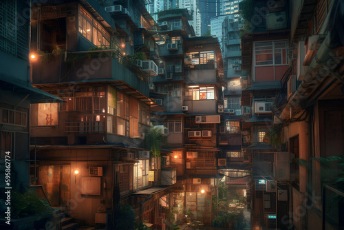 Futuristic megacities: A dystropic cyberpunk city in sureal Hong Kong architecture, Generative AI © spreephoto