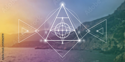 Sacred geometry spiritual new age futuristic illustration with transmutation interlocking circles, triangles and glowing particles