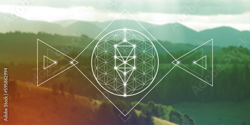 Flower of life. Tree of life. Sacred geometry spiritual new age futuristic illustration with transmutation interlocking circles, triangles and glowing particles