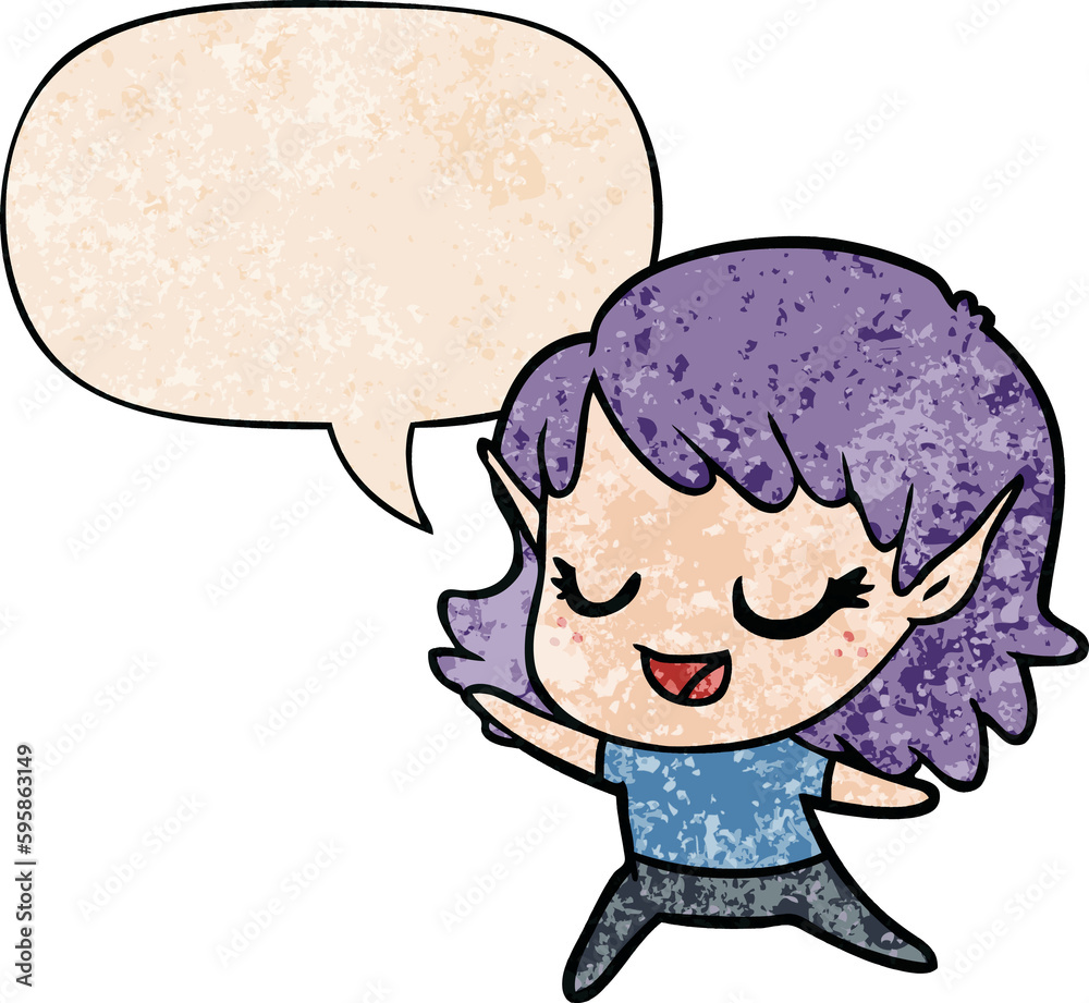 carton happy elf girl dancing with speech bubble in retro texture style carton happy elf girl dancing with speech bubble in retro texture style