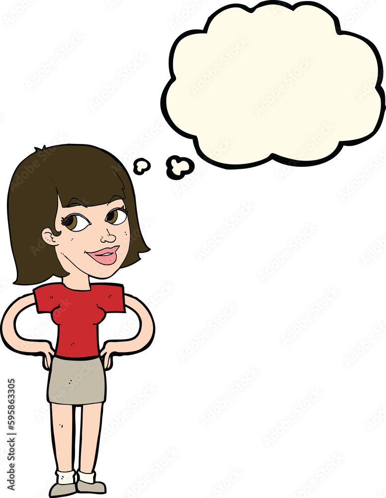 cartoon happy woman with hands on hips with thought bubble cartoon happy woman with hands on hips with thought bubble