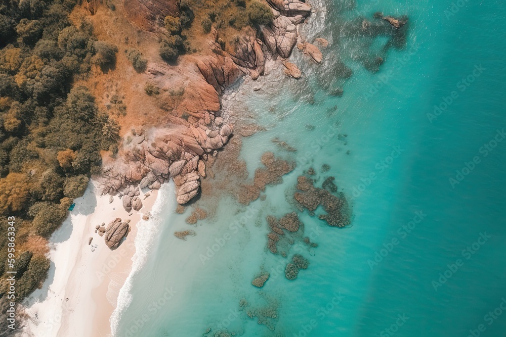 Tropical beach as seen from above. Beautiful blue Sea with lush green trees. Generative AI