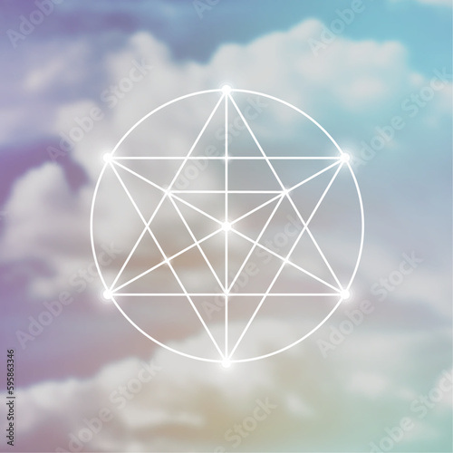 Merkaba. Sacred geometry spiritual new age futuristic illustration with transmutation interlocking circles, triangles and glowing particles