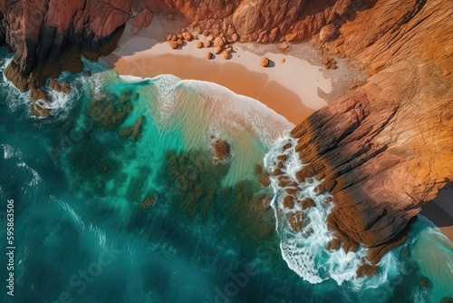 Tropical beach as seen from above. Beautiful blue Sea with lush green trees. Generative AI