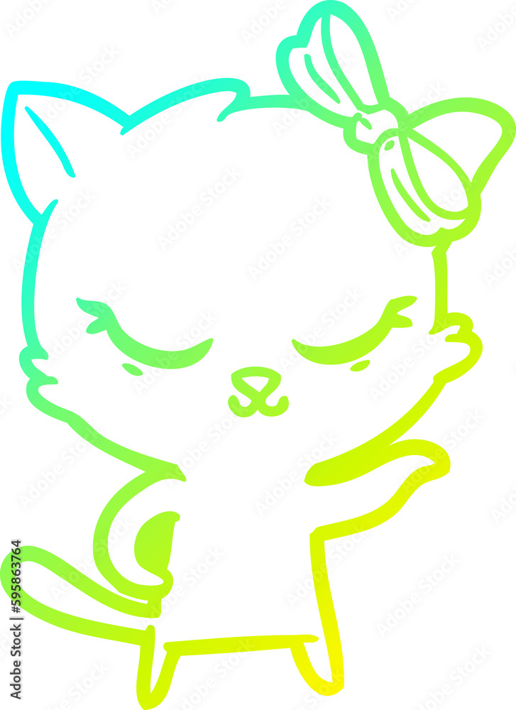 cold gradient line drawing of a cute cartoon cat with bow cold gradient line drawing of a cute cartoon cat with bow