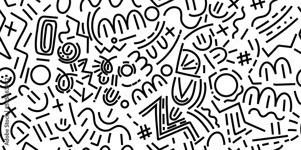Hand-drawn doodle seamless pattern inn black and white colors.Vector. Hand-drawn doodle seamless pattern inn black and white colors.Vector.