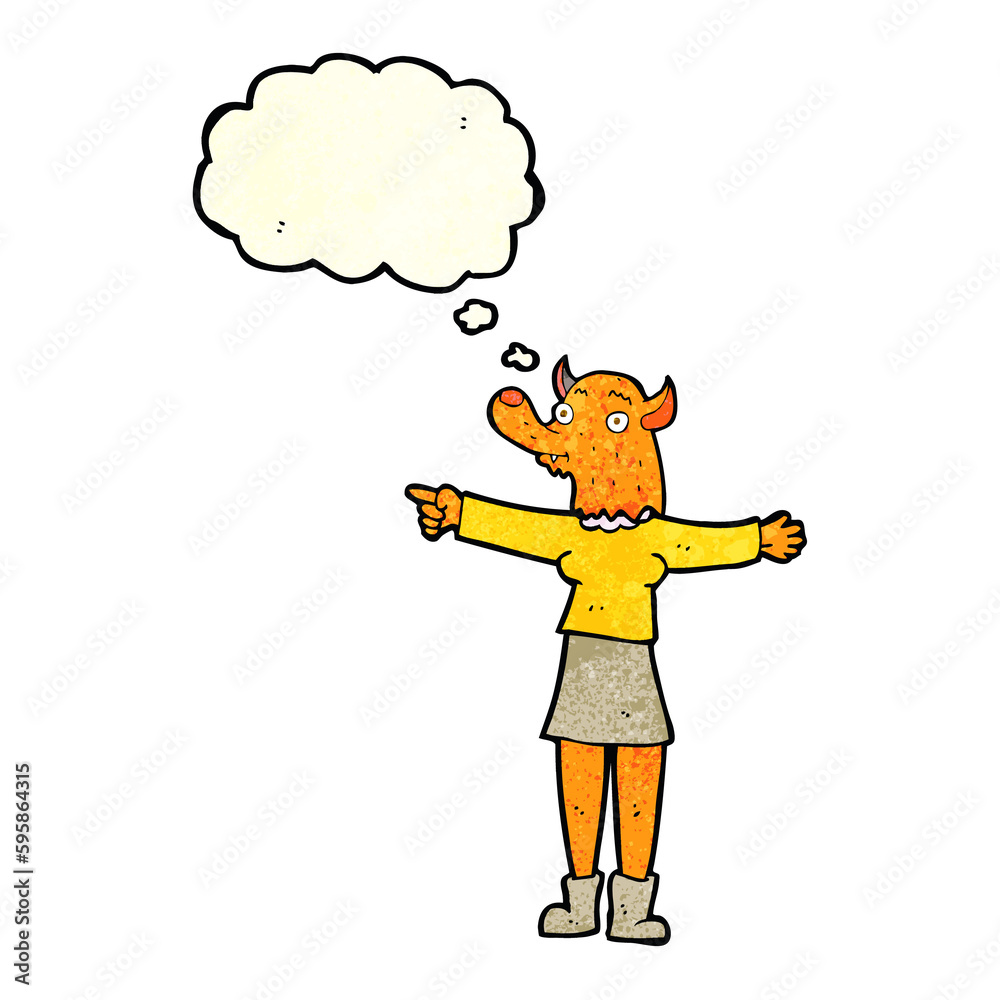 Fototapeta premium cartoon pointing fox woman with thought bubble