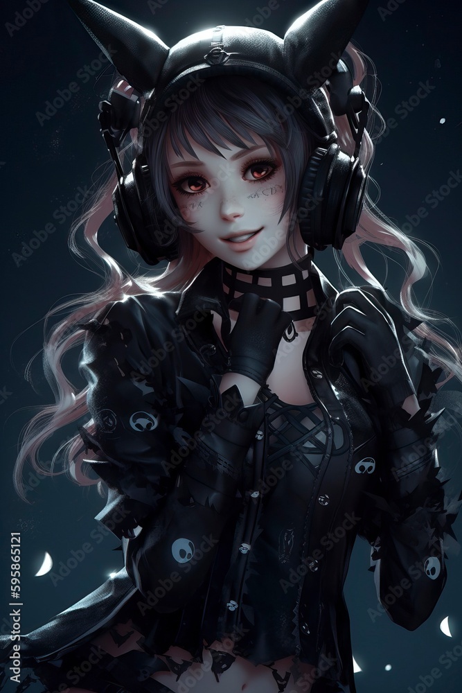 Naklejka premium Happy Gothic Girl Anime character portrait, Generated AI