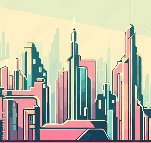 retro art, metropolis city, vector art, pastel colors.