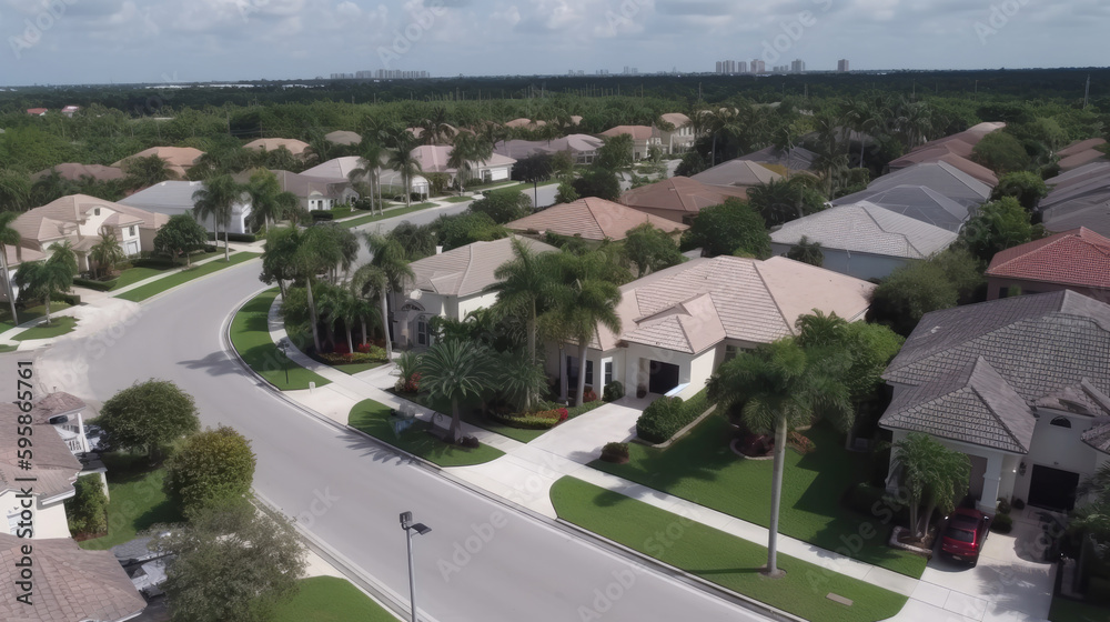 Aerial view of street American suburban landscape. Generative AI