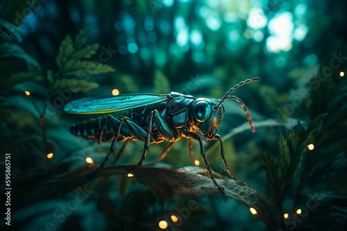 Glowing insects light up the magical woodland. Generative AI © Andromeda